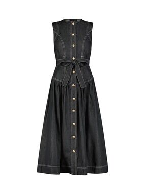 Sleeveless Black Maxi Button-Down Dress with Waist Tie